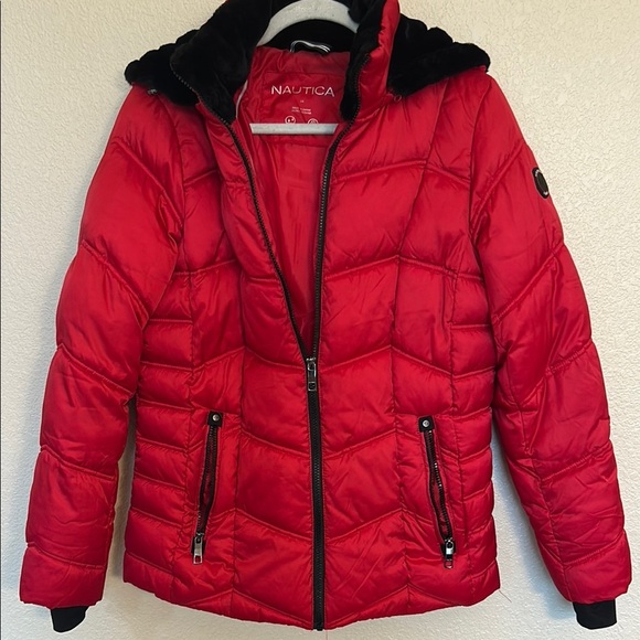 Red Nautica Women’s Puffer Jacket with Black Trim - Picture 3 of 11